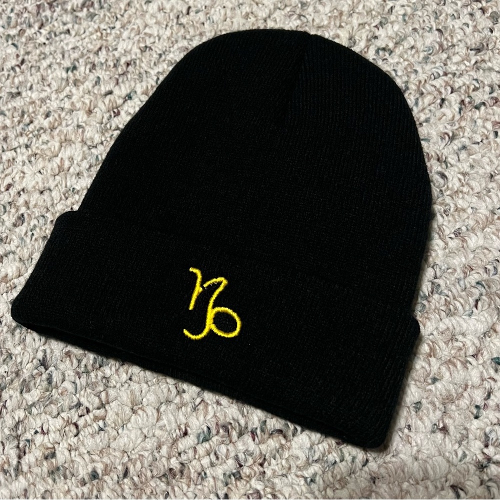 Capricorn Black Beanie with Yellow Capricorn Astrology Symbol Embroidery